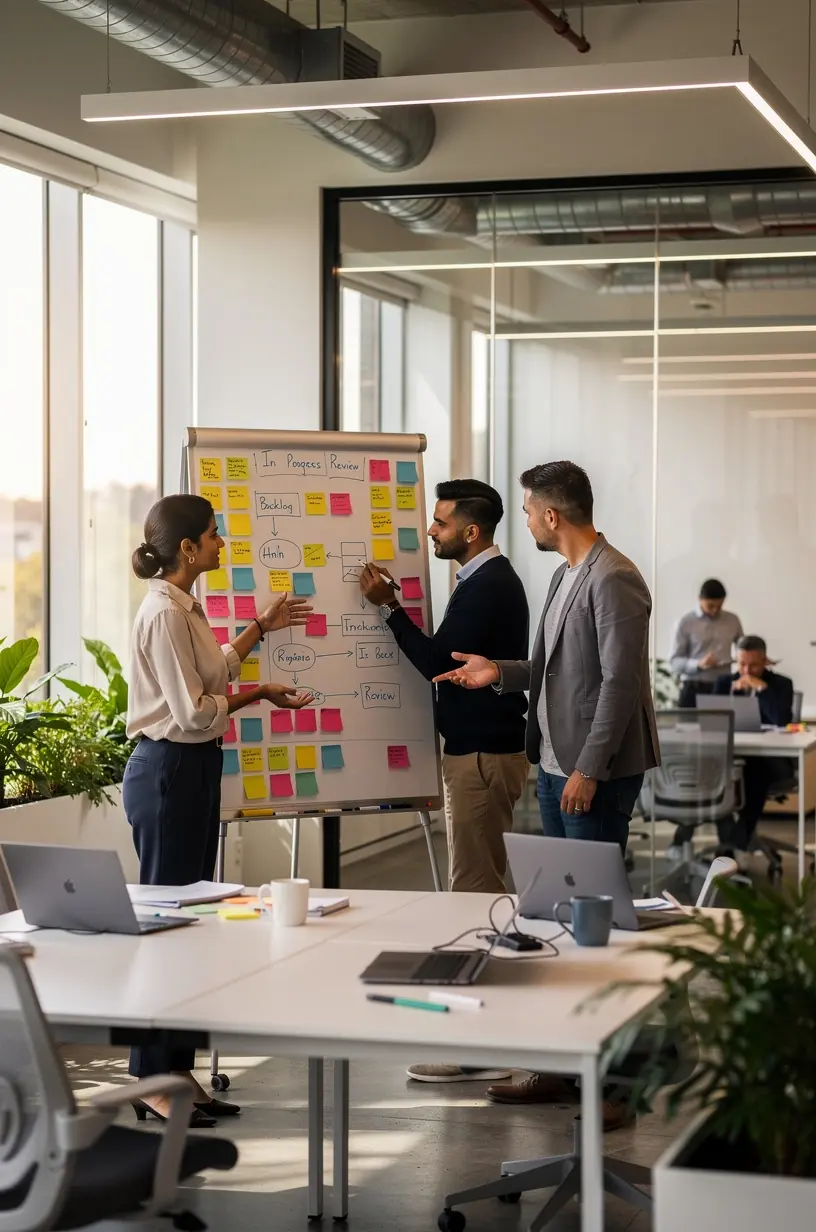 Photo of a professional using a digital task management app on a tablet in a modern office setting.
